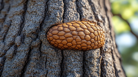 A close-up shot of tree bark featuring a distinctive, textured fungal growth. The image highlights the intricate details of both the bark and the fungus.の素材