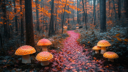 A whimsical forest scene featuring a leaf-strewn path lined with large Amanita mushrooms, bathed in the warm glow of autumn foliage. The composition creates a magical, fairytale-like atmosphere.の素材