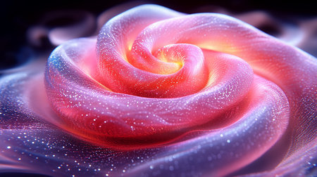 An abstract, macro image of a rose-like form with swirling pink and purple hues, illuminated from within. Sparkling highlights add a magical, ethereal quality against a dark background.の素材