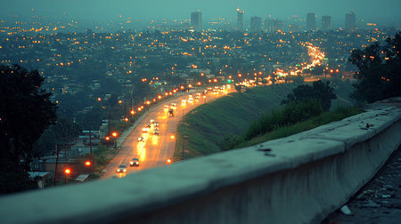 A high-angle shot captures a winding road illuminated by streetlights and car headlights, leading to a distant cityscape with skyscrapers under a twilight sky.の素材