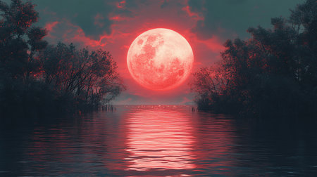 A blood-red moon dominates the sky, its reflection shimmering on a calm lake surrounded by dark, silhouetted trees, creating an eerie, surreal, and captivating scene.の素材
