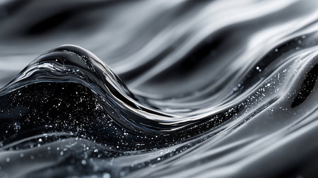 Abstract close-up of a black liquid wave with sparkling white particles. The smooth, reflective surface creates a dynamic and visually striking composition.の素材