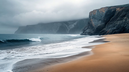 A dramatic coastal scene featuring waves crashing on a sandy beach, with imposing cliffs shrouded in mist under a cloudy sky, creating a moody atmosphere.の素材