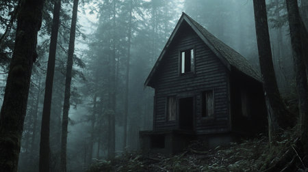 A dilapidated wooden cabin sits abandoned in a dense, misty forest. The scene evokes a sense of isolation, mystery, and foreboding, enhanced by the dark, muted tones and foggy atmosphere.の素材