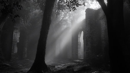 Dramatic black and white image of sunbeams cutting through fog, illuminating the stone arches of ancient ruins, creating a mysterious and ethereal atmosphere.の素材