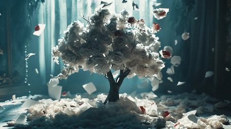 A surreal scene featuring a rose tree with white blooms and scattered red petals, amidst falling paper, bathed in soft, ethereal light, creating a dreamy, melancholic atmosphere.の素材