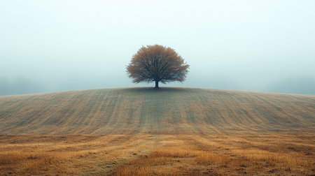 A lone tree with golden foliage stands atop a rolling hill covered in dry grass, shrouded in a soft, ethereal mist. The minimalist composition evokes a sense of peace and solitude.の素材