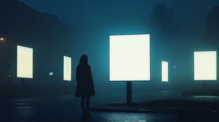 A lone woman stands before glowing billboards in a misty, dark city. The scene evokes a sense of solitude and contemplation under the eerie, blue-toned light.の素材