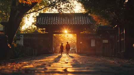 Two figures walk through a traditional Japanese gate bathed in the golden light of sunset, casting long shadows on the stone path. The scene evokes peace and nostalgia.の素材