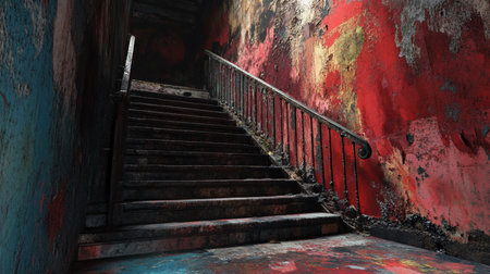 A low-angle shot of a staircase in an abandoned building, featuring vibrant red and blue walls with peeling paint, contrasted by the dark, grimy stairs and railing.の素材