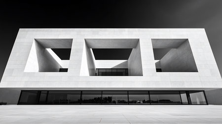 A monochrome image showcases a modern building facade with geometric cutouts above a glass-walled base, reflecting the sky and surrounding landscape.の素材