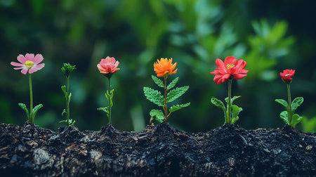A row of vibrant flowers in various colors and stages of growth sprouts from dark soil, symbolizing growth, diversity, and the beauty of nature against a blurred green background.の素材