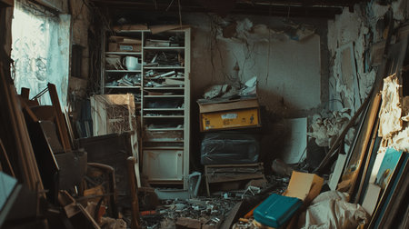 A cluttered, abandoned room with peeling walls, an overstuffed bookshelf, and debris scattered across the floor. Natural light filters through a window, highlighting the decay and disarray.の素材