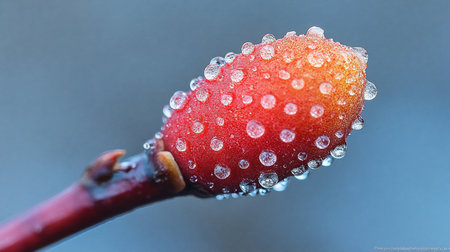 A macro shot captures a vibrant red rosehip adorned with sparkling water droplets, illuminated by soft morning light against a serene blue background.の素材