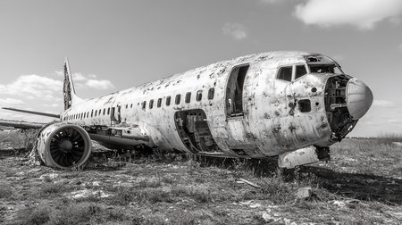 Grayscale image of a derelict airplane fuselage and engine in a field, showcasing decay and abandonment under a cloudy sky. Stripped of parts, it evokes themes of obsolescence.の素材