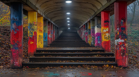 A long stairway tunnel, its pillars vibrantly covered in graffiti, ascends into darkness. Wet leaves litter the steps and ground, reflecting light on a damp autumn day.の素材