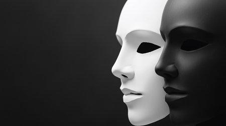 Two masks, one white and one black, stand side-by-side against a dark background, creating a stark contrast. The monochrome palette enhances the symbolic representation of duality.の素材