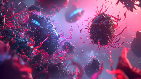 Detailed 3D render showcasing virus cells with intricate red tendrils, set against a soft pink and blue background, highlighting the microscopic world of pathogens.の素材