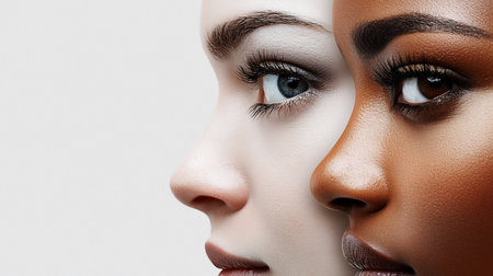 Close-up profile of two women, one albino with pale skin and the other with dark skin, their faces juxtaposed to highlight the beauty in diversity.の素材