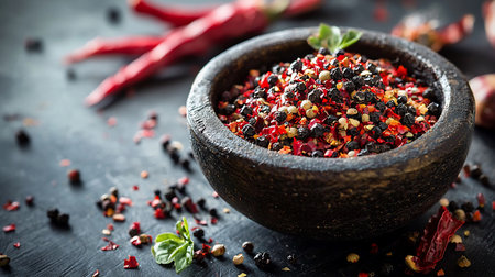 Close-up of a rustic bowl filled with a colorful mix of peppercorns and chili flakes, accented by fresh basil, set against a dark, textured surface with scattered spices.の素材