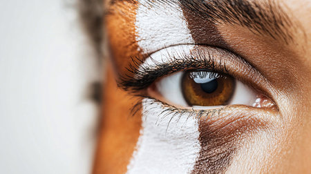 Intense close-up of a brown eye adorned with bold white and brown paint strokes. The stark contrast and detailed texture create a captivating and artistic image.の素材