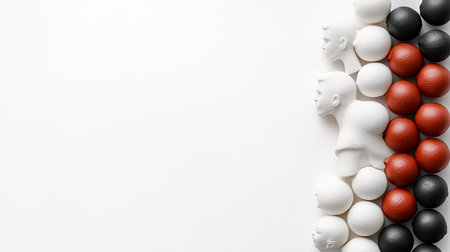 A minimalist composition featuring white head sculptures and spheres in black and red, arranged on a clean white background, creating a striking visual contrast.の素材