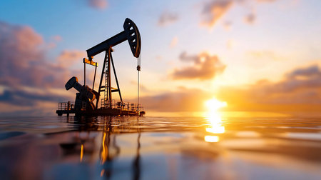 Oil rig silhouetted against a vibrant sunset, its reflection shimmering in the water. The scene evokes themes of energy production, industry, and environmental impact.の素材