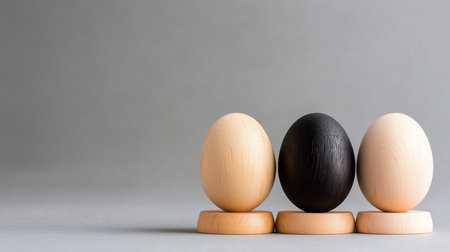 Three wooden eggs, two natural and one black, stand on wooden stands against a gray background. The black egg is centered between the two natural eggs.の素材