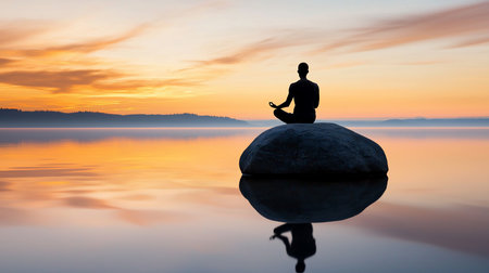 Silhouette of a person meditating in lotus position atop a rock in calm water, reflecting the vibrant orange and pink hues of the sunset sky, evoking peace and serenity.の素材