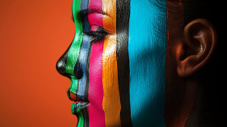 Close-up profile of a woman's face painted with vertical stripes of green, blue, pink, orange, black, and turquoise against an orange background, creating a bold, artistic statement.の素材