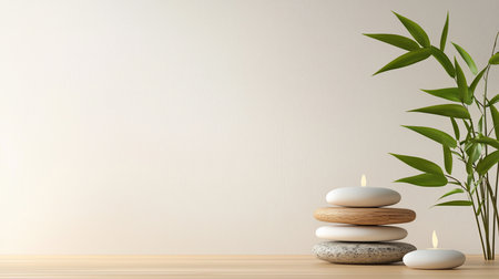A serene still life featuring a balanced stack of stones, bamboo stalks, and glowing candles, evoking peace and tranquility in a minimalist setting.の素材