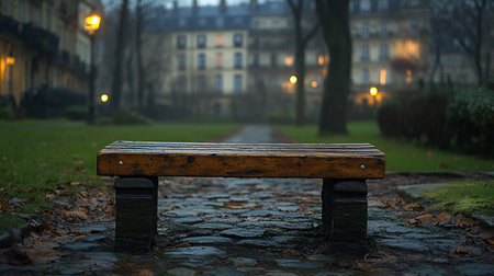 A weathered wooden bench sits in a Parisian park on a rainy evening, reflecting the warm glow of distant streetlights and building windows. The cobblestone path glistens with moisture.の素材