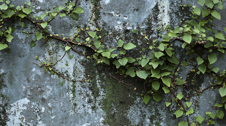 A creeping fig vine climbs a weathered concrete wall, showcasing textures of nature and decay. The green leaves contrast with the gray, mossy surface.の素材