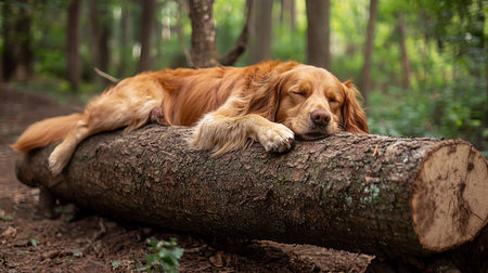 A golden retriever sleeps peacefully on a mossy log in a forest. The soft, diffused light creates a serene and calming atmosphere, highlighting the dog's relaxed state.の素材