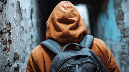 A person in an orange hoodie and backpack walks through a decaying tunnel. The walls show peeling paint and crumbling texture, creating a sense of urban decay and mystery.の素材