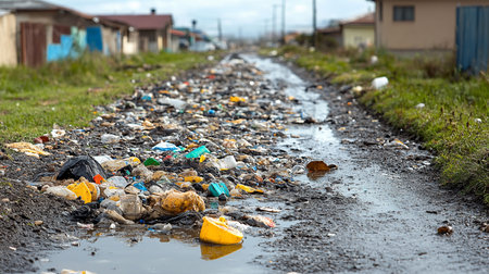 A waterlogged road is overflowing with trash in a distressed community. The scene highlights the environmental impact of pollution and the challenges faced by the residents.の素材