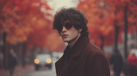 A young man with brown hair and sunglasses stands on a city street in autumn, wearing a brown coat. The background is blurred, featuring trees and a car.の素材