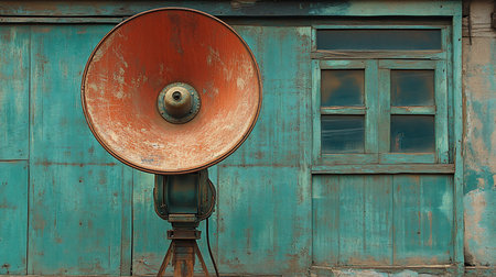 A vintage orange spotlight stands against a weathered turquoise wooden wall with a window, creating a rustic and nostalgic scene with textures and muted colors.の素材