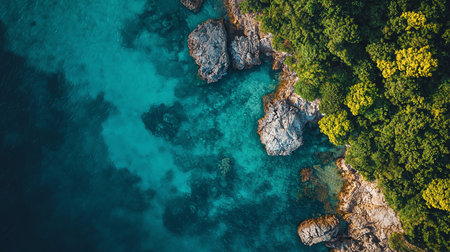 An aerial shot captures a stunning coastline, where turquoise waters meet rocky shores covered in vibrant green vegetation, creating a picturesque and serene landscape.の素材