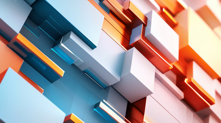 A dynamic abstract composition featuring interlocking white cubes accented with vibrant blue and orange edges. The interplay of light and shadow creates depth and visual interest.の素材