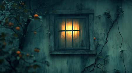 A dimly lit window glows warmly against a textured wall, framed by an orange tree and climbing vines, creating a mysterious and slightly eerie atmosphere in the night.の素材