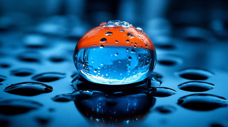 Macro shot of a two-toned sphere, orange and blue, covered in water droplets, resting on a reflective blue surface with scattered water droplets.の素材