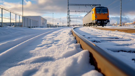 A low-angle shot of snow-covered train tracks leading to a yellow locomotive in the distance, set against a backdrop of a partly cloudy sky and industrial buildings.の素材
