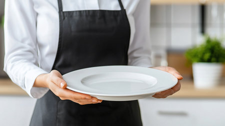 A waitress in a white shirt and black apron presents an empty white plate, ready for a meal, in a bright restaurant setting. The focus is on the plate and the waitress's hands.の素材