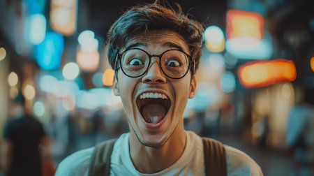 Young man with round glasses, white shirt, and backpack screams with joy in a city at night, bokeh lights creating a vibrant, blurred backdrop.の素材