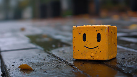 A yellow cube with a black smiley face sits on a wet wooden surface, reflecting the overcast sky. A single leaf rests nearby, adding a touch of autumn.の素材