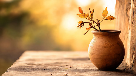 A rustic clay pot holds delicate autumn leaves, bathed in warm sunset light. The scene evokes serenity and the beauty of nature's transition, set against a blurred backdrop.の素材