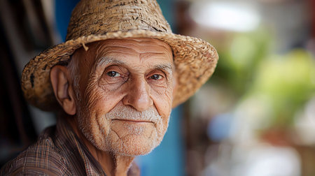 Close-up portrait of an elderly man with a straw hat, showcasing his weathered face and intense gaze. The image captures the wisdom and experience etched in his features.の素材
