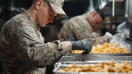 Two soldiers in camouflage uniforms and black gloves prepare food in a kitchen setting, arranging golden fries on trays for a large-scale catering event.の素材