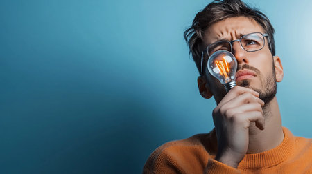 A thoughtful man with glasses holds a lit lightbulb to his face, symbolizing idea generation and creative thinking against a blue background. Studio shot with soft lighting.の素材